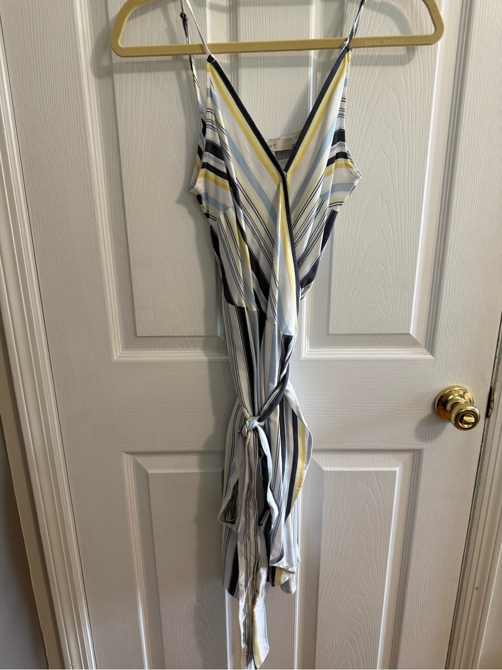 Loft New With Tags Striped V-Neck Tie-Waist/ Summer Dress in Blue, White & Yello